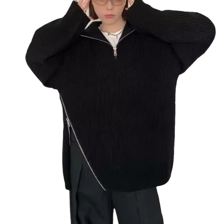 Damen Oversized Strickpullover mit Reißverschluss und seitlichen Schlitzen Drune