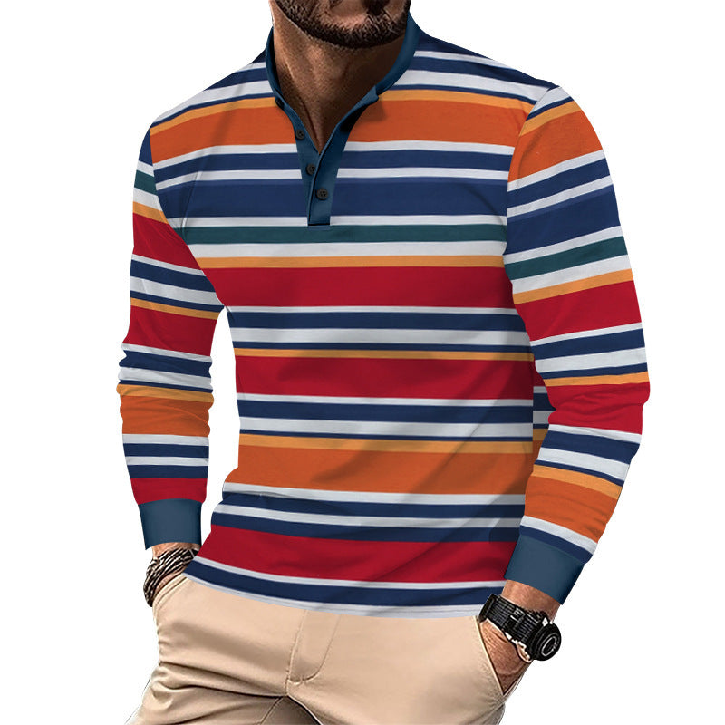Herren nan gestreiftes Langarm-Henleyshirt mit Stehkragen, schmaler Passform und elastischem Baumwollmix Drune