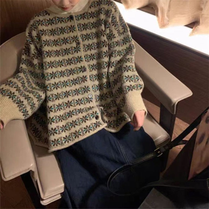 Damen Strickpullover mit floralen Jacquardmustern und bequemen Schnitt Drune