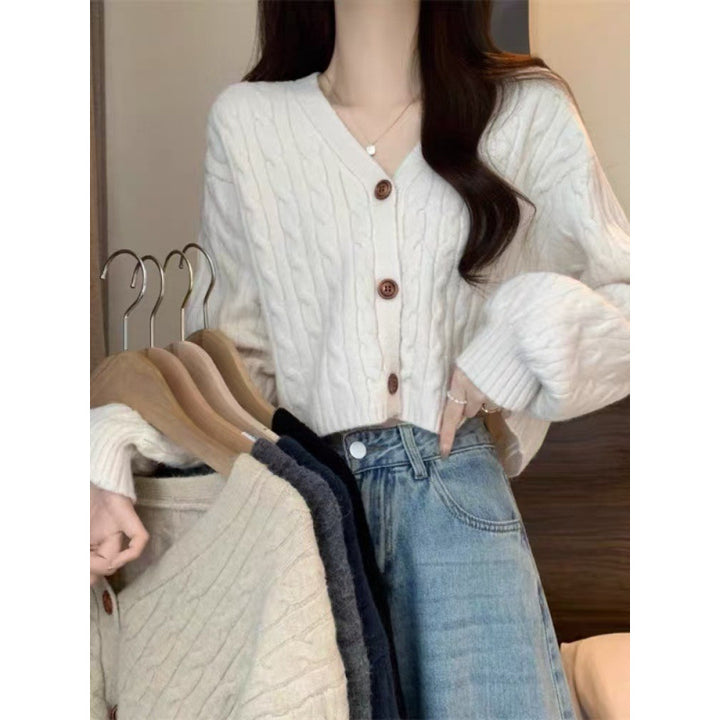 Damen Grobstrick-Cardigan mit Knopfdetails und tiefem V-Ausschnitt Drune