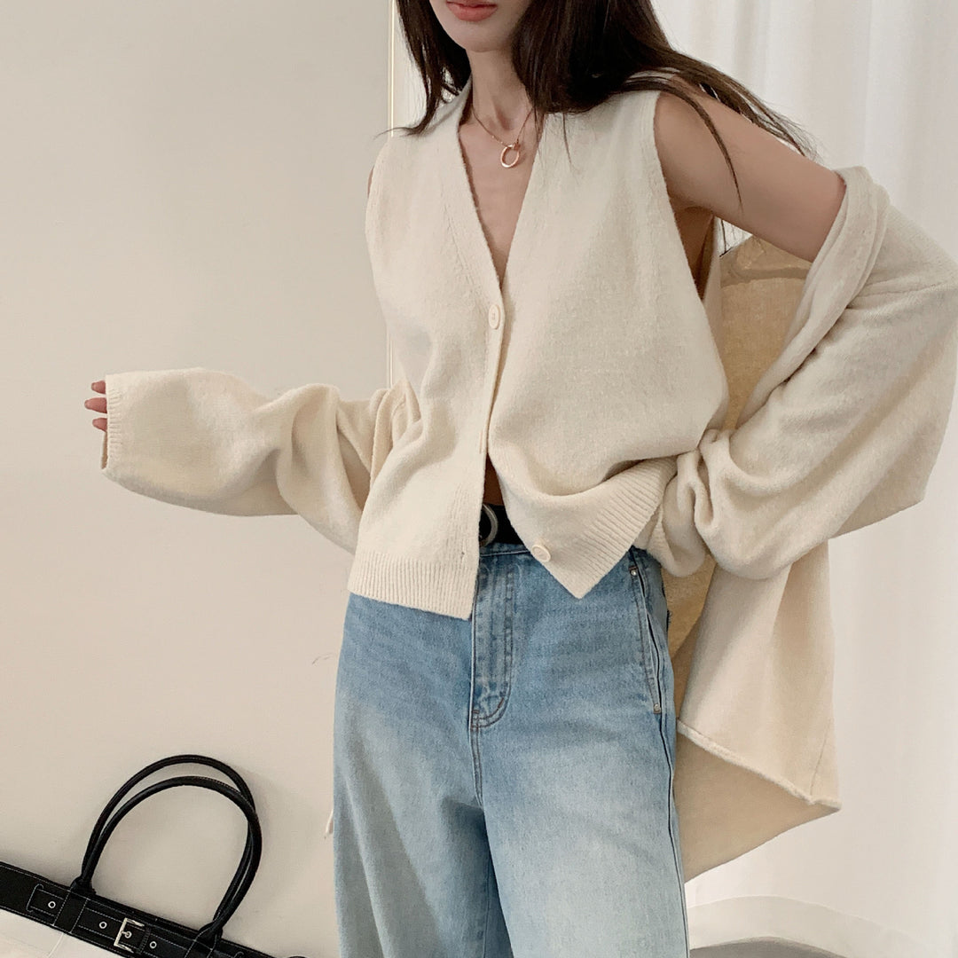 Damen Modische Strickjacke mit elegantem V-Ausschnitt und Knopfverschluss Drune