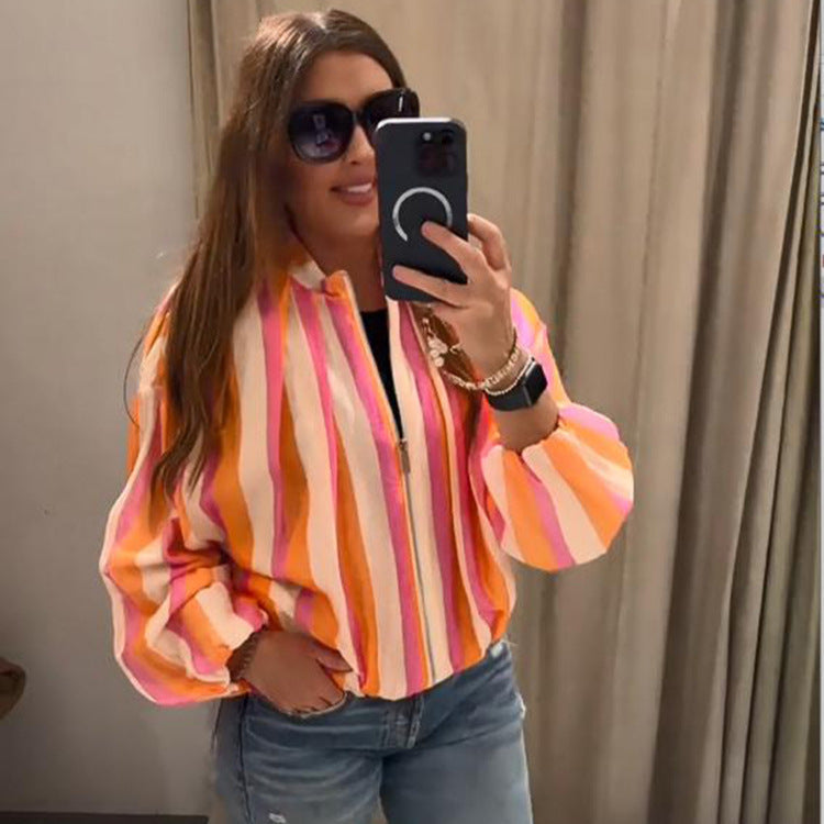 Damen Gestreifte Bomberjacke mit Ballonärmeln und kurzem Cropped-Schnitt Drune