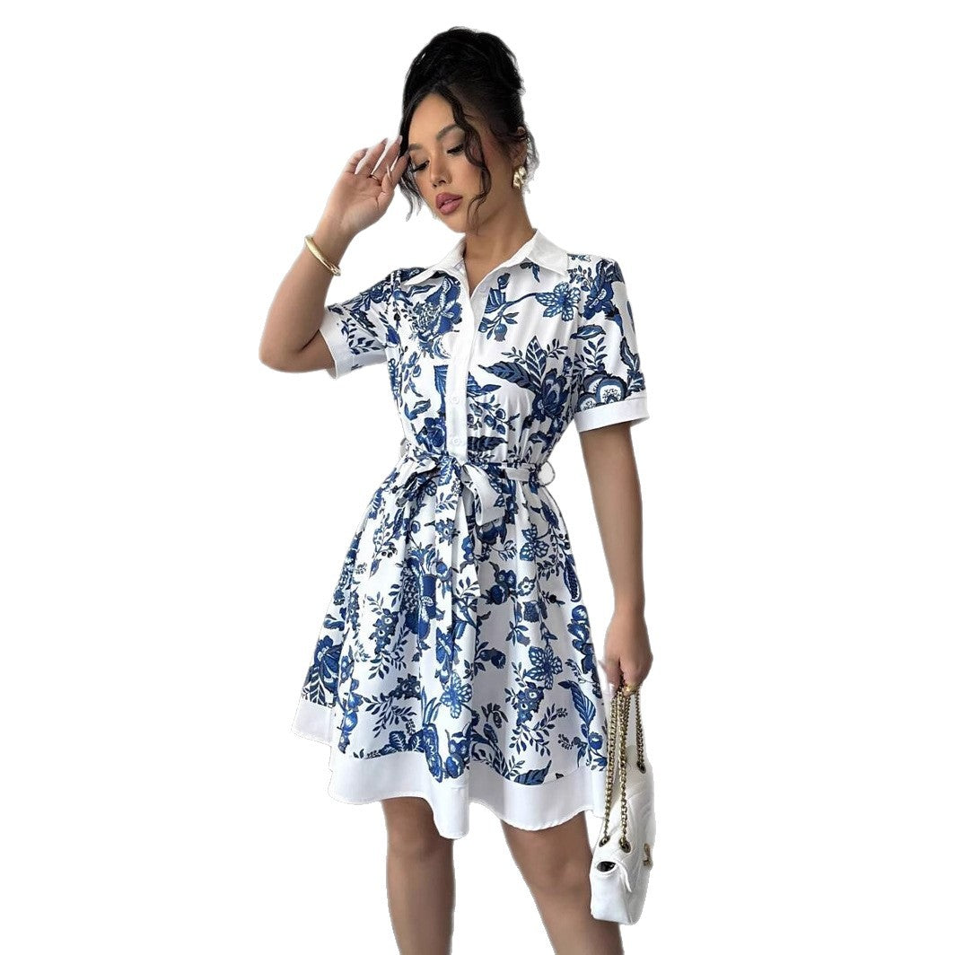 Damen Blusenkleid mit floralem Design und Taillengürtel Drune