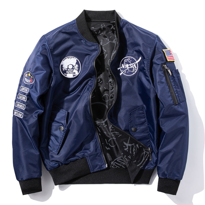 Herren  bestickte Raum-Patch glänzende Shell Bomberjacke mit bedrucktem Innenfutter und Ärmel-Reißverschluss-Nutztasche Drune
