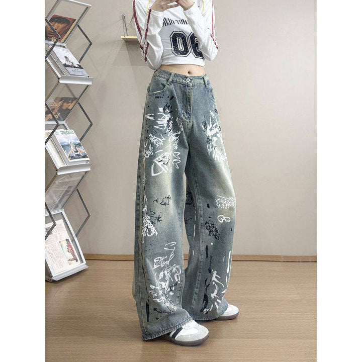 Damen Stylische Oversized Jeans mit grafischem Print Drune