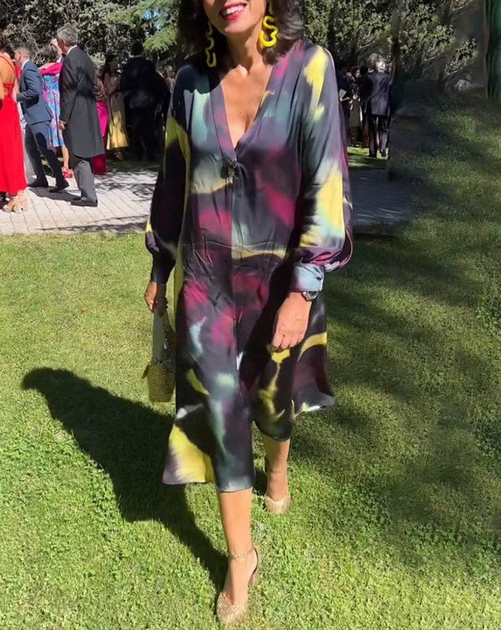 Damen nan fließendes Midikleid mit abstraktem Print, V-Ausschnitt, Ballonärmeln und Schmuckverschluss Drune