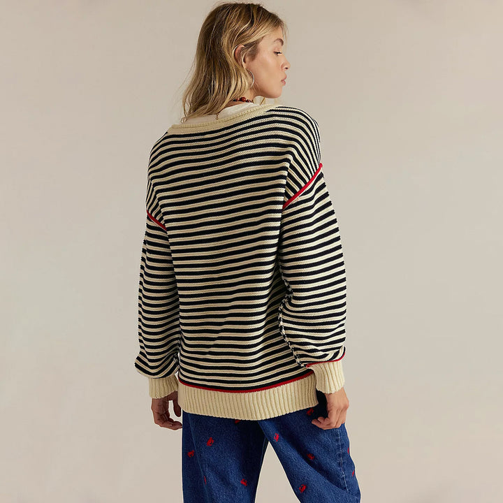 Damen Oversize Ringelstrickpullover mit weitem Schnitt, Bündchen & kontrastierenden Paspeln Drune