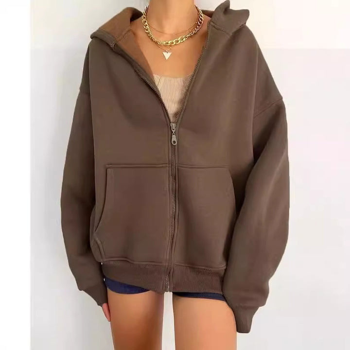 Damen nan minimalistisches French-Terry Zip-Hoodie mit durchgehendem Reißverschluss, Kängurutasche und Daumenloch-Ärmeln Drune
