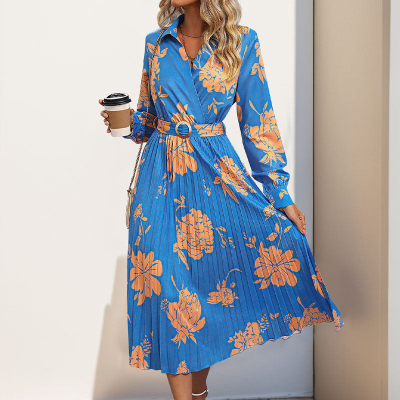 Damen Plissiertes Hemdblusenkleid mit Wickel‑V‑Ausschnitt, Taillengürtel und floralem Print Drune