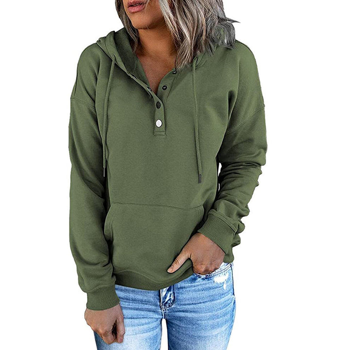 Damen Kapuzenpullover mit Henley-Knopfleiste, Kängurutasche und lockerer Passform Drune