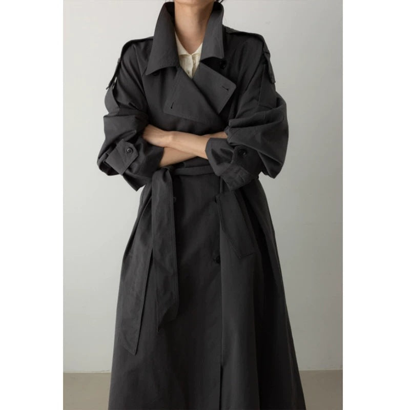 Damen Oversize Maxi-Trenchcoat mit Taillengürtel und doppelter Knopfleiste Drune