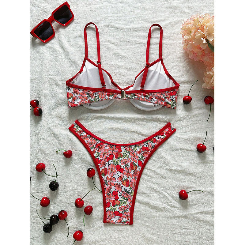 Damen Blumenmuster Bikini-Set mit elegantem Bustier-Oberteil und niedrigem Slip Drune