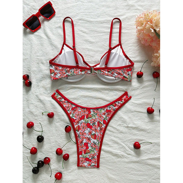 Damen Blumenmuster Bikini-Set mit elegantem Bustier-Oberteil und niedrigem Slip Drune
