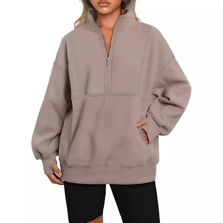 Damen Oversized Sweatshirt mit halbem Reißverschluss, Kängurutasche und Stehkragen Drune
