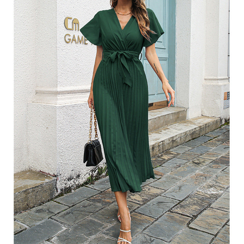 Damen Wickel-Maxikleid mit schwingenden Rüschen und taillierbarem Gürtel Drune