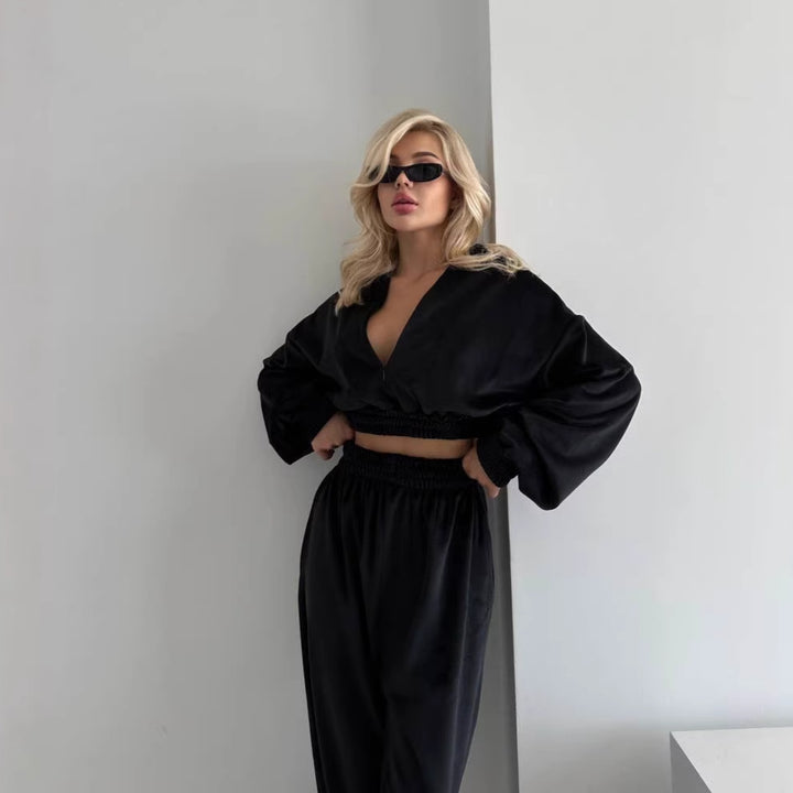 Damen lässiges Fleece Set mit weitem Oberteil und elastischer Hose Drune