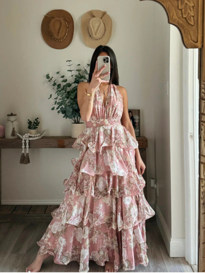 Damen Maxikleid mit romantischen Volants und floralem Druck Drune