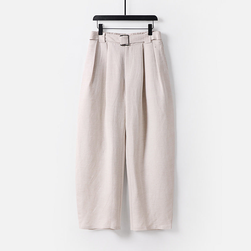 Damen Hochgeschnittene weite Leinenmix-Hose mit Bundfalten und Stoffgürtel Drune