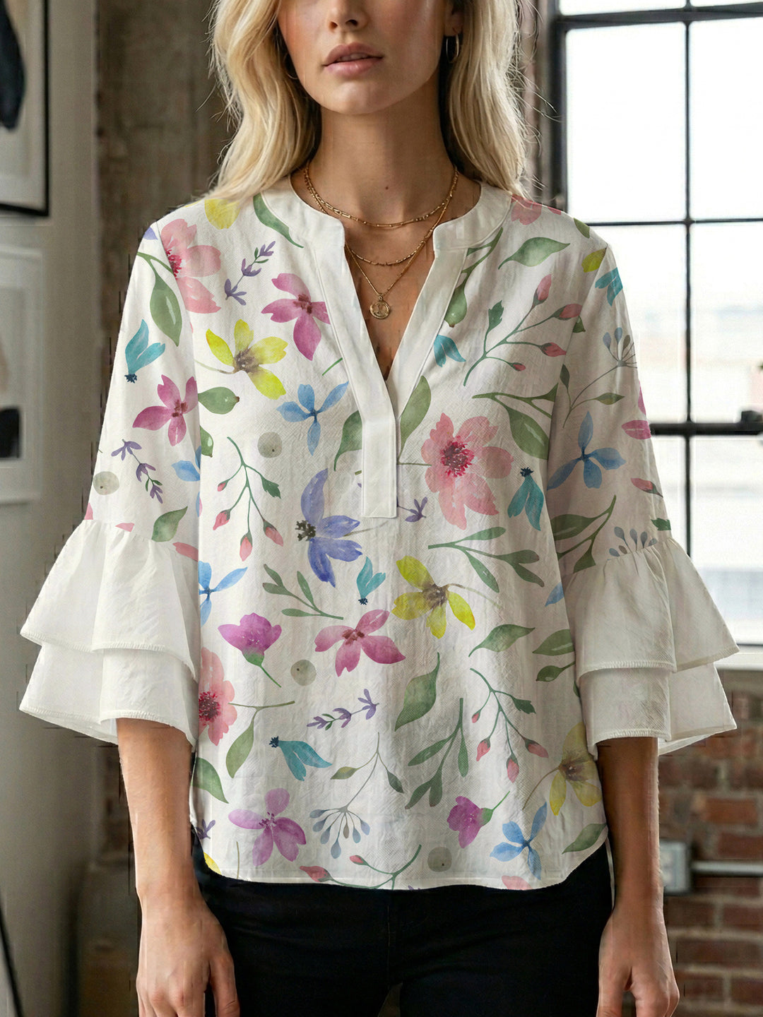 Damen Bluse mit voluminösen Ärmeln und floralem Design Drune
