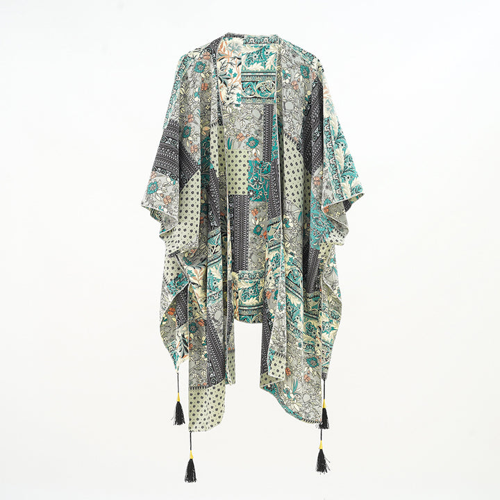 Damen Kaftan-Überwurf mit Patchwork-Blumenprint und Quasten Drune