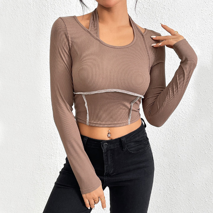 Damen cropped Langarmshirt mit elegantem Twist-Design und Farbakzenten Drune
