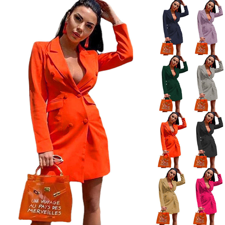 Damen Figurbetontes Blazerkleid im Doppelreihigen Stil mit Reverskragen und Pattentaschen Drune