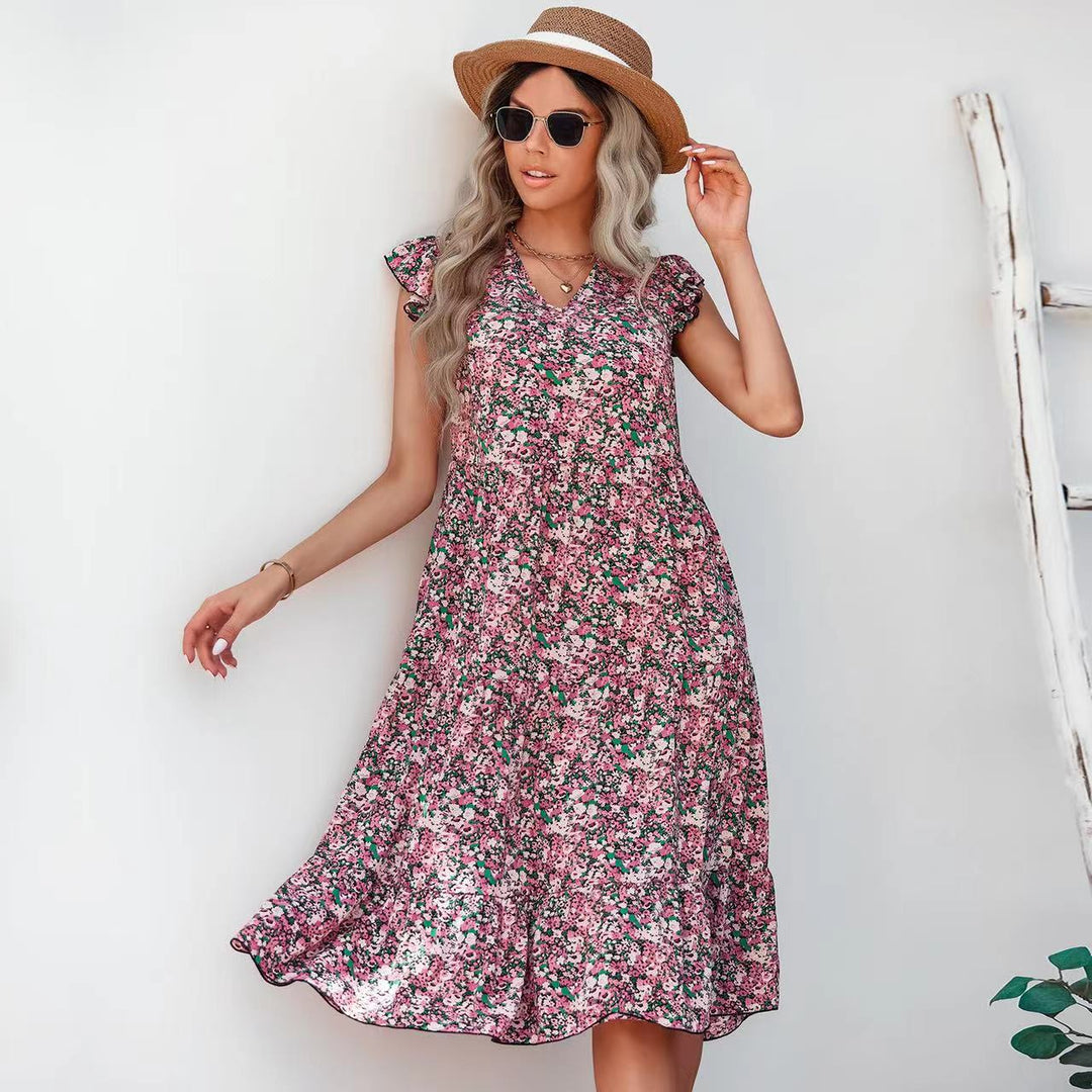 Damen A-Linien Kleid mit voluminösen Rüschenärmeln und floralen Details Drune
