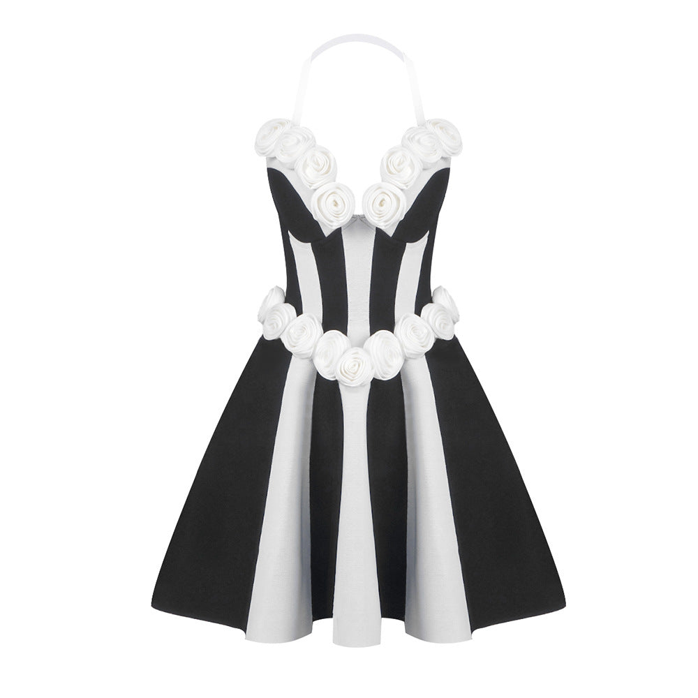 Damen verspieltes Cocktailkleid mit Blumenapplikationen und schwingendem Rock Drune