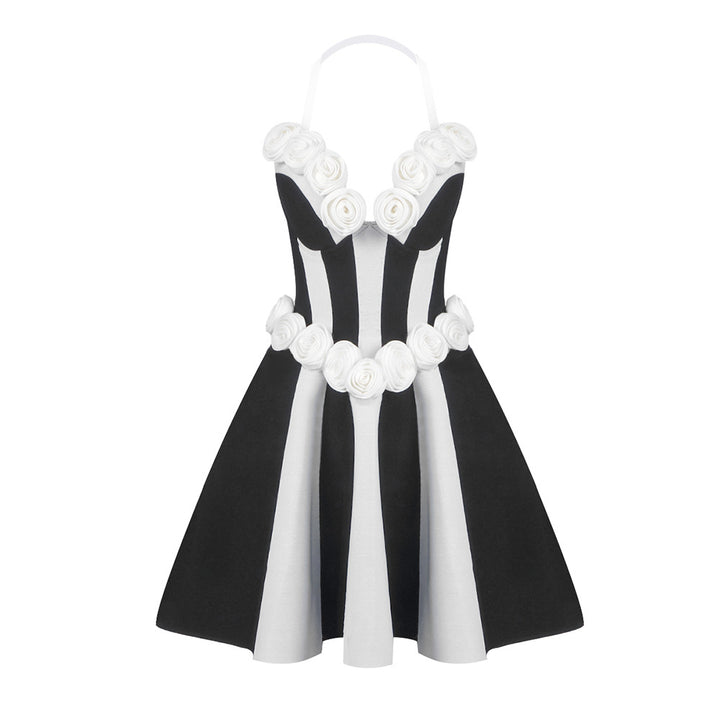 Damen verspieltes Cocktailkleid mit Blumenapplikationen und schwingendem Rock Drune