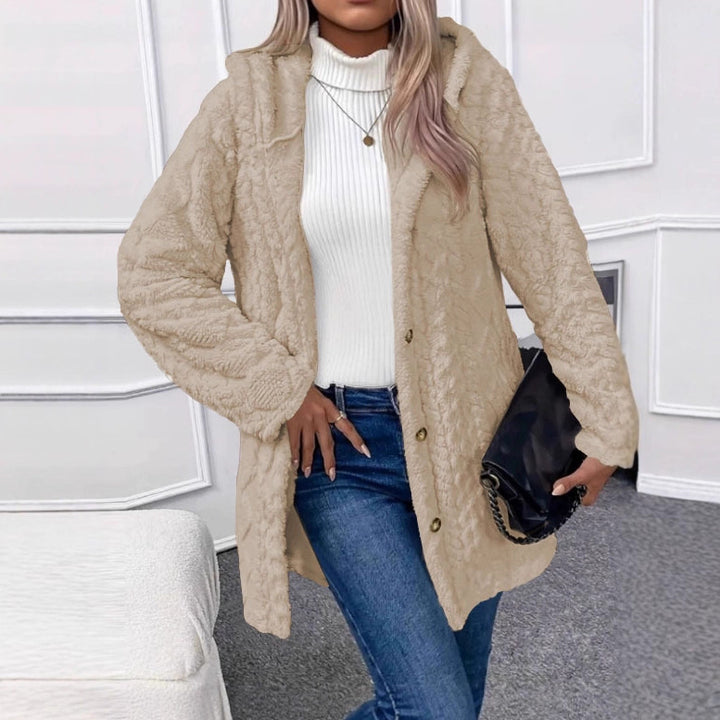 Damen Oversize Strickmantel mit Kapuze, Jacquard‑Struktur und Knopfleiste Drune