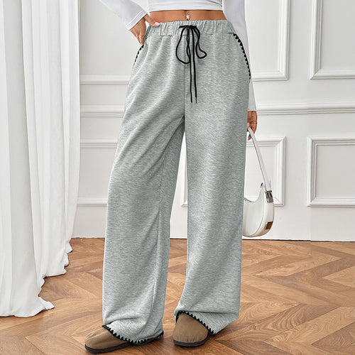 Damen Weite Relax-Fleece-Hose mit hohem Bund, Kordelzug und Zierstich-Details Drune