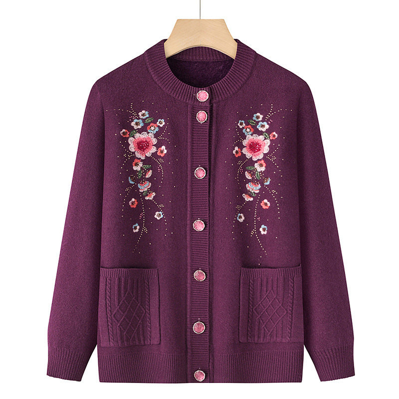 Damen nan bestickte Strickjacke mit Rundhalsausschnitt, Zierknopfleiste und aufgesetzten Taschen Drune