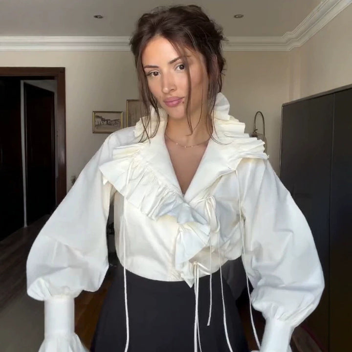 Damen Rüschenbluse mit voluminösem Volantkragen und Kordelzügen Drune