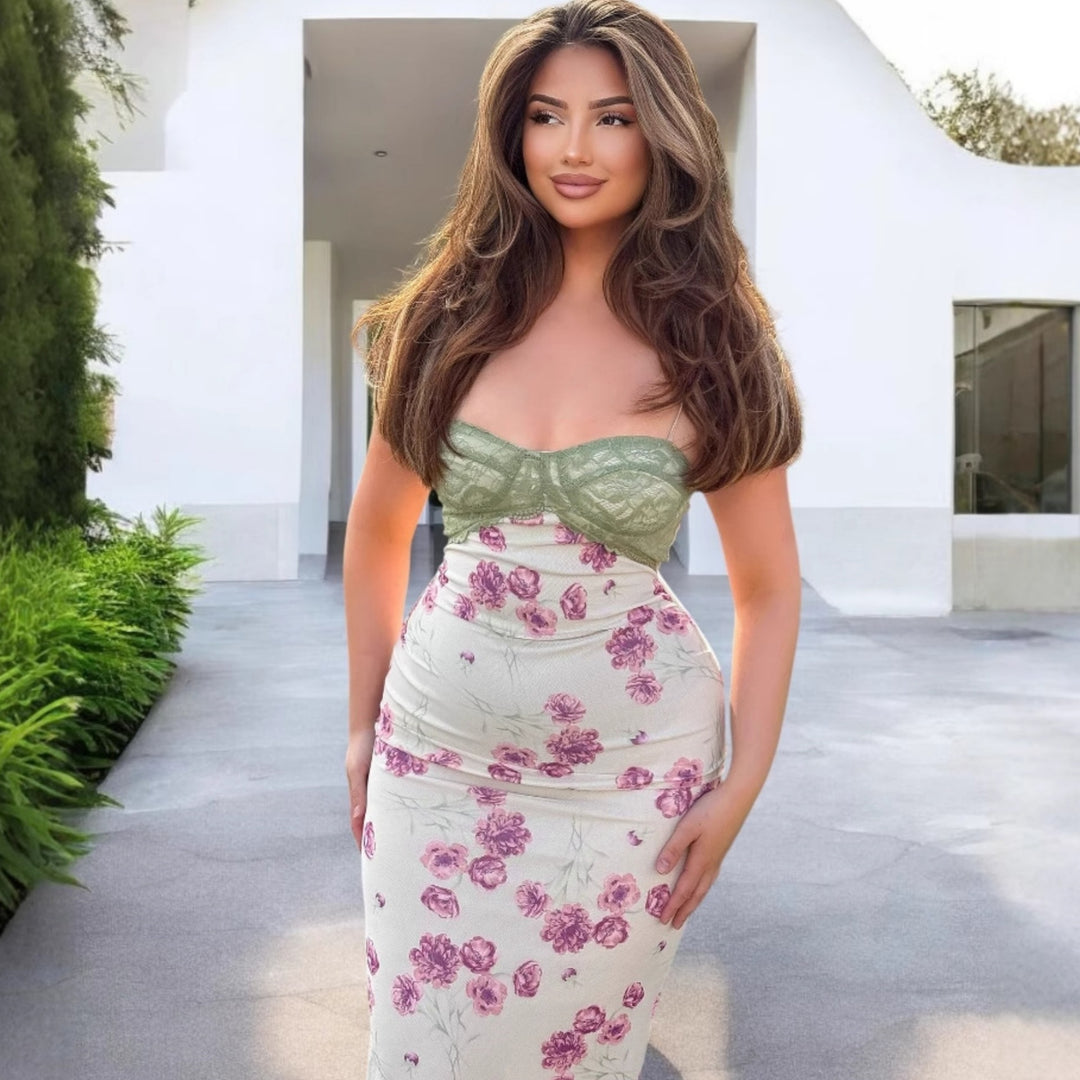 Damen Etuikleid mit floralem Design und transparenten Spitzenakzenten Drune