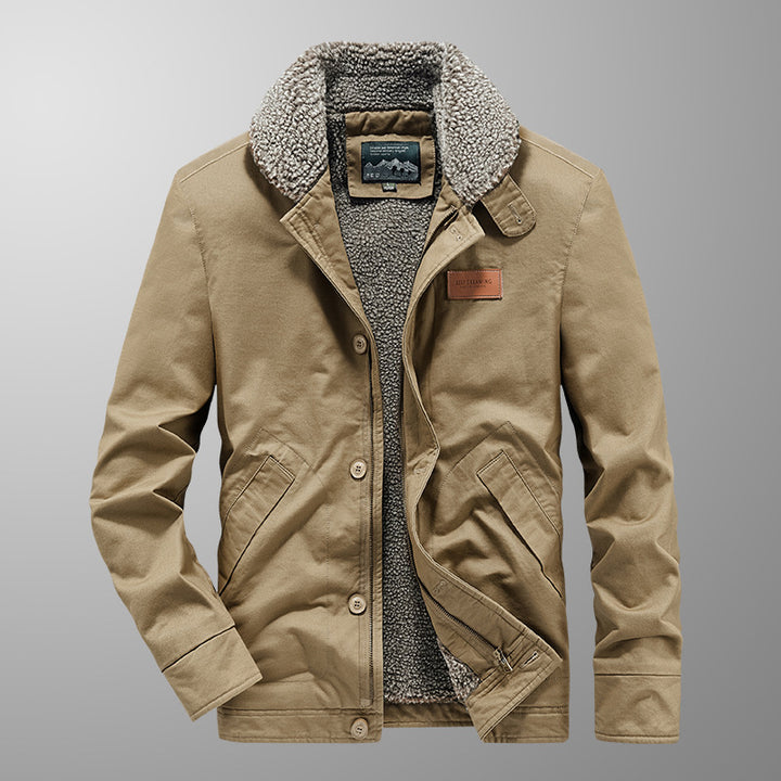 Herren Canvas-Armyblouson mit durchgehendem Teddyfutter, Reißverschluss- und Knopfleiste Drune