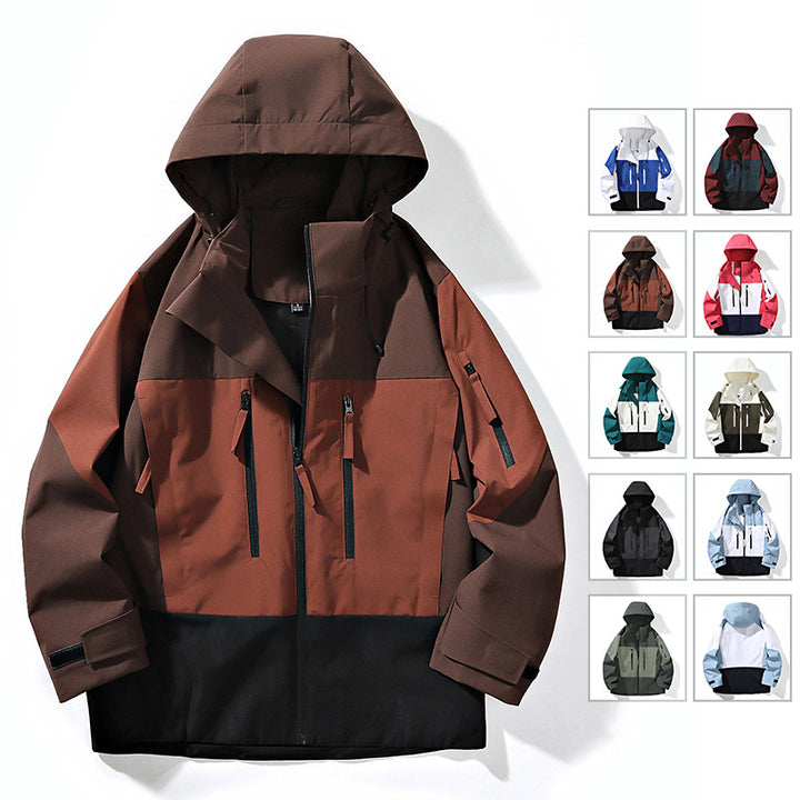 Herren Wasserabweisende Colorblock-Outdoorjacke mit Kapuze, Mehrfach-Reißverschlusstaschen und verstellbaren Bündchen Drune
