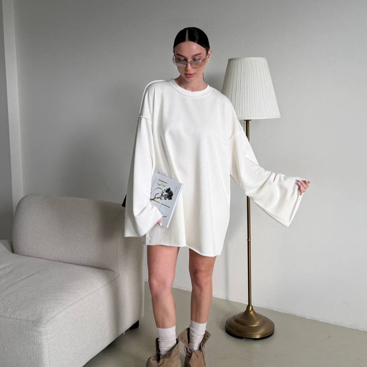 Damen oversized Sweatshirt-Kleid mit ausgefranstem Saum und weiten Glockenärmeln Drune