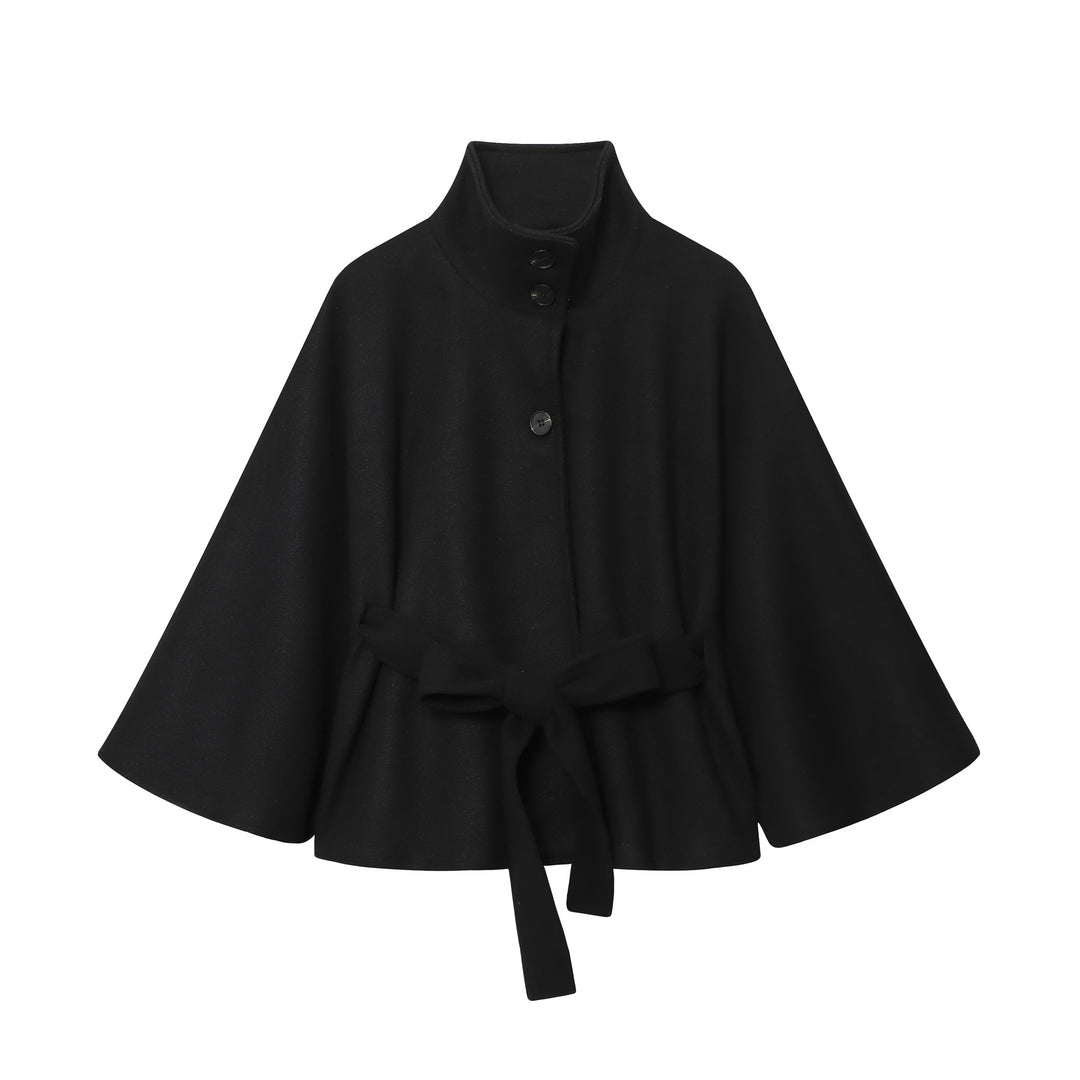 Damen Kurzes Cape-Mantel mit Stehkragen, Knopfleiste und Bindegürtel Drune