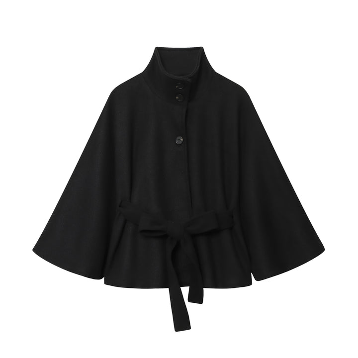 Damen Kurzes Cape-Mantel mit Stehkragen, Knopfleiste und Bindegürtel Drune