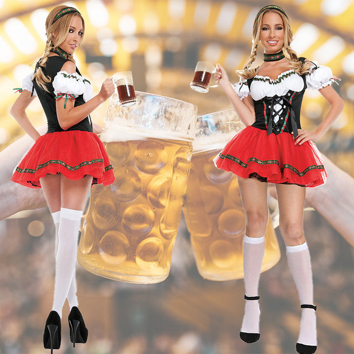 Damen nan folklorisches Kostümkleid mit off-shoulder Bluse Schnürkorsage und stufigem Tüllrock Drune