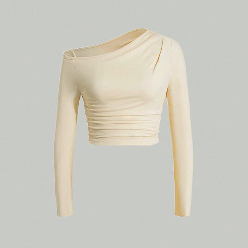 Damen asymmetrisches Langarm-Crop-Top mit leichtem Raffungseffekt Drune