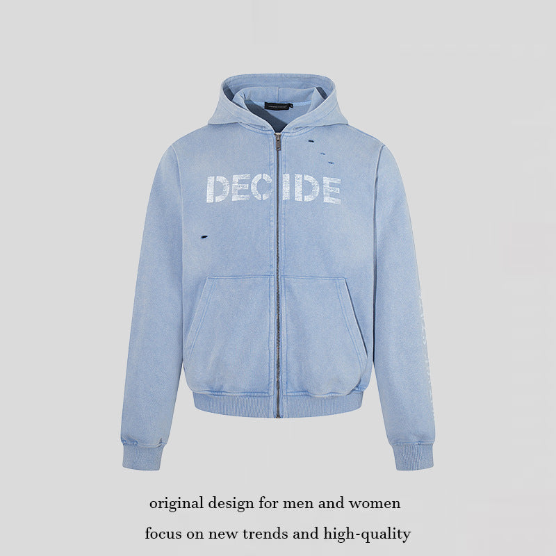 Herren Kapuzen-Zipjacke im Vintage-Look mit Statement-Print und Destroy-Details Drune