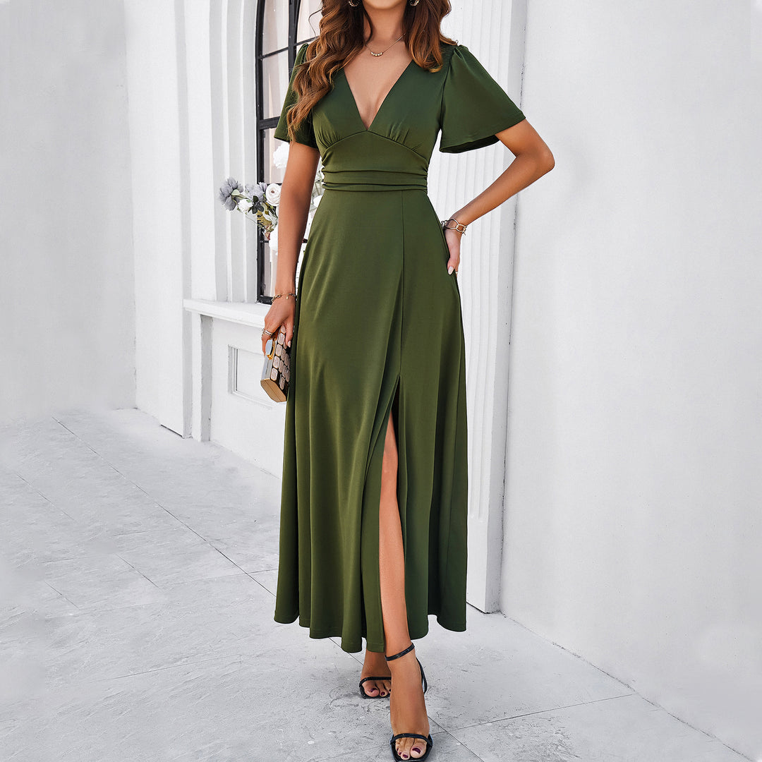 Damen Maxikleid mit tiefem V-Ausschnitt und seitlichem Schlitz Drune