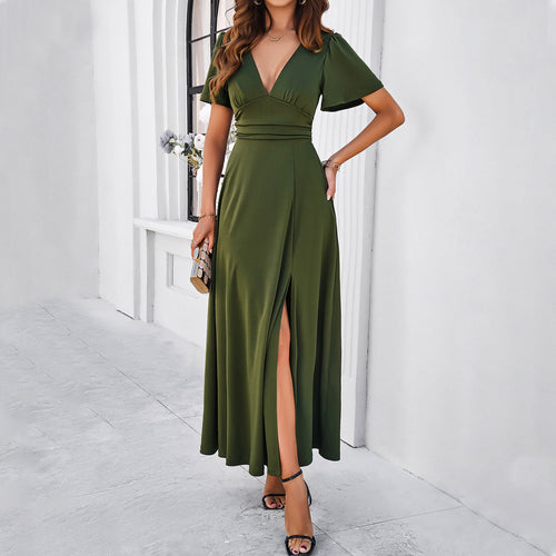 Damen Maxikleid mit tiefem V-Ausschnitt und seitlichem Schlitz Drune