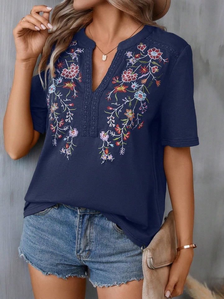 Damen bestickte Boho-Tunika mit tiefem Ausschnitt und Spitzenbesatz Drune