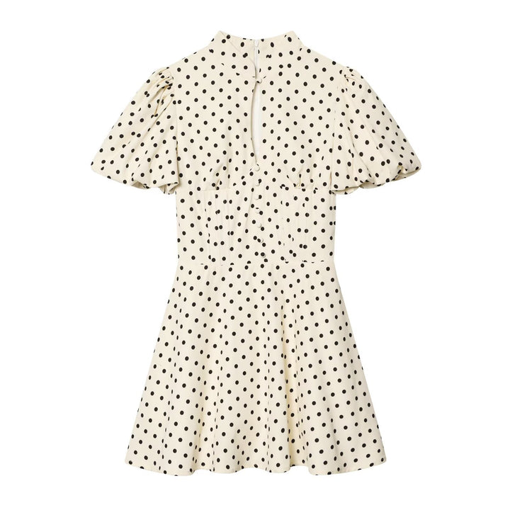 Damen Gepunktetes A‑Linien‑Kleid mit Stehkragen, Taillierung und Ballonärmeln Drune