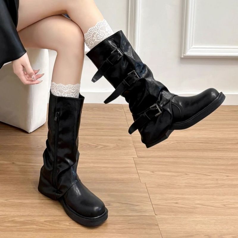 Damen kniehohe Slouch-Boots aus Kunstleder mit verstellbaren Schnallen und profiliertem Plateau-Absatz Drune