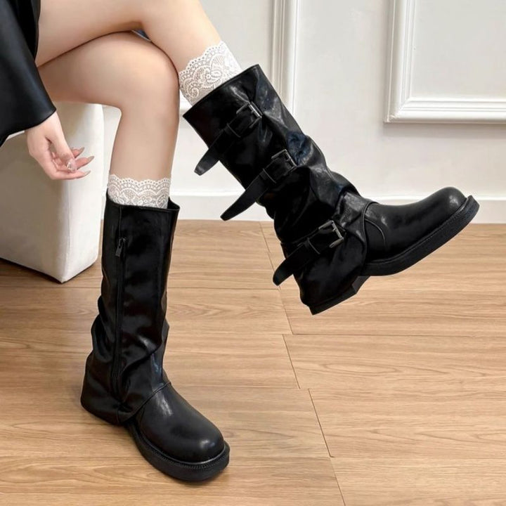 Damen kniehohe Slouch-Boots aus Kunstleder mit verstellbaren Schnallen und profiliertem Plateau-Absatz Drune