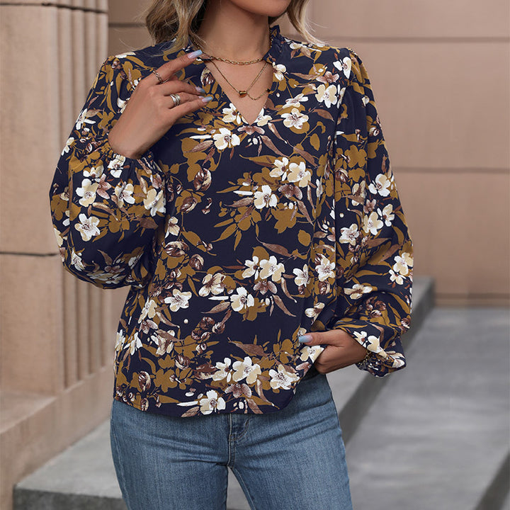 Damen Leichte Chiffonbluse mit floralem Alloverprint, V-Ausschnitt und voluminösen Bündelärmeln Drune