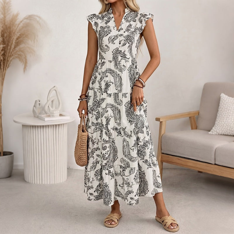 Damen Maxikleid mit Paisley‑Print, V‑Ausschnitt und Stufenrock Drune